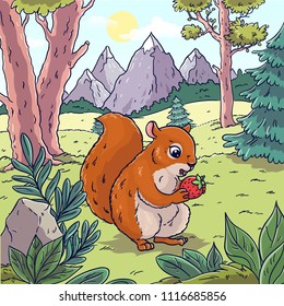 Squirrel in the forest against the background of nature. Against the backdrop of the mountain, trees, spruce and meadow. The squirrel eats berries. Cartoon style.