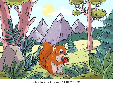 Squirrel in the forest against the background of nature. Against the backdrop of the mountain, trees, spruce and meadow. The squirrel eats berries. Cartoon style.