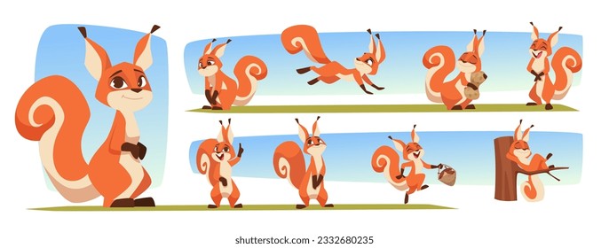 Squirrel. Forest animal in cartoon style action poses and funny emotions exact vector squirrel characters