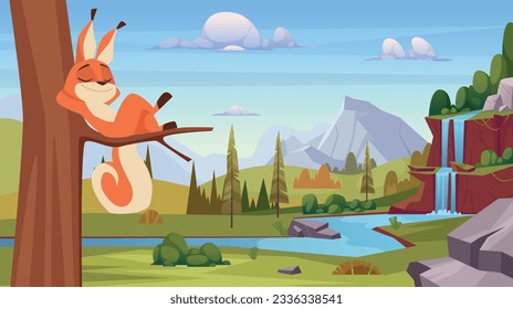 Squirrel in forest. Cartoon background with wild animal playing in forest exact vector template