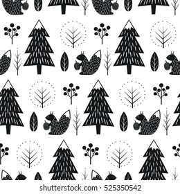 森のシームレスな模様のリス 白黒の北欧スタイルの自然イラスト かわいい冬の森と動物デザインの繊維 壁紙 織物 のベクター画像素材 ロイヤリティフリー Shutterstock