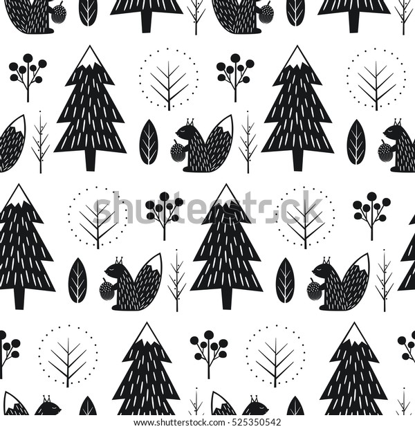 森のシームレスな模様のリス 白黒の北欧スタイルの自然イラスト かわいい冬の森と動物デザインの繊維 壁紙 織物 のベクター画像素材 ロイヤリティフリー