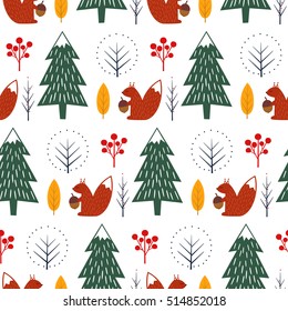 Squirrel In Forest Seamless Pattern On White Background. Christmas Scandinavian Style Nature Illustration. Cute Winter Forest With Animal Design For Textile, Wallpaper, Fabric.