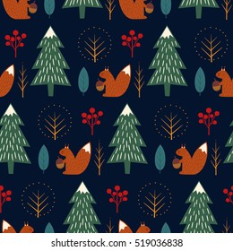 Squirrel in forest seamless pattern on dark blue background. Christmas scandinavian style nature illustration. Cute winter forest with animal design for textile, wallpaper, fabric.