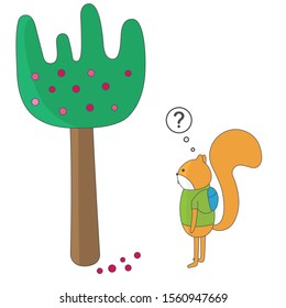 Squirrel. Fruit tree. Cartoon character. Vector illustration