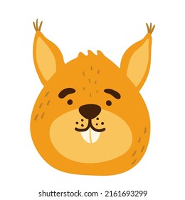 Сute squirrel funny animal face, head. Сartoon isolated muzzle. Vector illustration for print on children's clothing, greeting cards, nursery, stickers, stationery, room decor