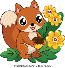 Squirrel gathering acorns near a flowering bush.