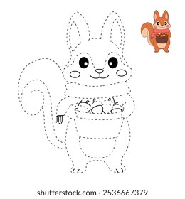 Squirrel Gathering Nuts in Autumn Forest coloring pages for kids. Trace and color Squirrel. Animal flashcard education and activity for kids. Kindergarten and preschool worksheets printable for kids. 