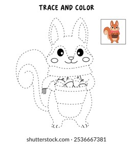 Squirrel Gathering Nuts in Autumn Forest coloring pages for kids. Trace and color Squirrel. Animal flashcard education and activity for kids. Kindergarten and preschool worksheets printable for kids. 