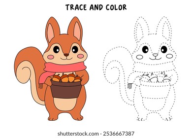 Squirrel Gathering Nuts in Autumn Forest coloring pages for kids. Trace and color Squirrel. Animal flashcard education and activity for kids. Kindergarten and preschool worksheets printable for kids. 