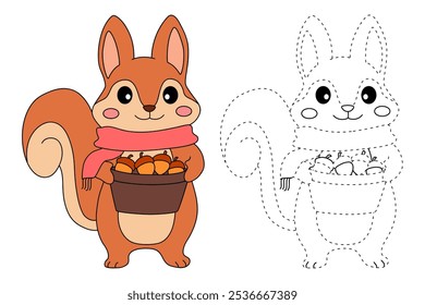 Squirrel Gathering Nuts in Autumn Forest coloring pages for kids. Trace and color Squirrel. Animal flashcard education and activity for kids. Kindergarten and preschool worksheets printable for kids. 