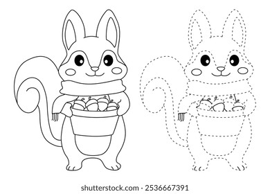 Squirrel Gathering Nuts in Autumn Forest coloring pages for kids. Trace and color Squirrel. Animal flashcard education and activity for kids. Kindergarten and preschool worksheets printable for kids. 