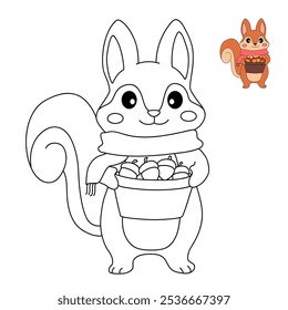 Squirrel Gathering Nuts in Autumn Forest coloring pages for kids. Trace and color Squirrel. Animal flashcard education and activity for kids. Kindergarten and preschool worksheets printable for kids. 