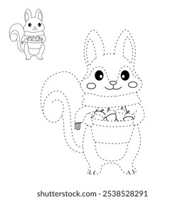 Squirrel Gathering Nuts in Autumn Forest coloring pages for kids. Trace and color Squirrel. Animal flashcard education and activity for kids. Kindergarten and preschool worksheets printable for kids. 