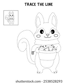 Squirrel Gathering Nuts in Autumn Forest coloring pages for kids. Trace and color Squirrel. Animal flashcard education and activity for kids. Kindergarten and preschool worksheets printable for kids. 