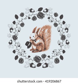 squirrel gentleman with hat/hand drawn vector illustration of cute fox/ wreath of leafs/can be used for kid's or baby's shirt design/fashion print design/fashion graphic/t-shirt/kids wear