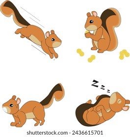 The squirrel gesture-Jump down, eat the nut, threaten and prepare to fight, sleep, cute brown squirrel, squirrel vector