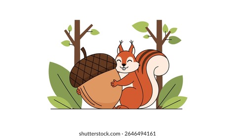 Esquilo com uma bolota gigante no projeto gráfico da ilustração do vetor da floresta