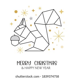 squirrel with gift - Merry Christmas and Happy New Year! Holiday greeting card Vector Illustration