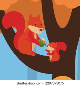 a squirrel gives a nut to a little squirrel