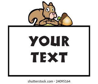 squirrel with gold acorn calling attention to sign with copyspace