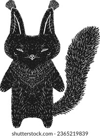 Squirrel. Graphics, linocut, texture. Vector element.