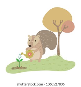 Squirrel growing a tree vector illustration cartoon. Cute squirrel pastel cartoon. Squirrel is watering a little tree. 