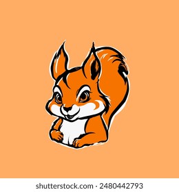 Squirrel half body cartoon flat design isolated on orange background. 