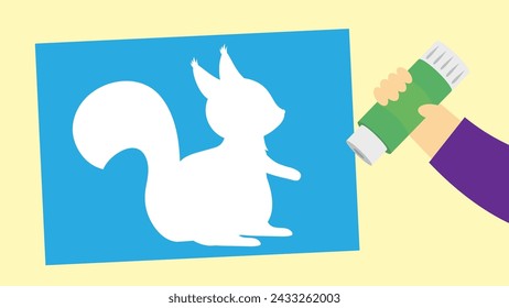 Squirrel and hand holding a bottle of glue. Vector illustration.