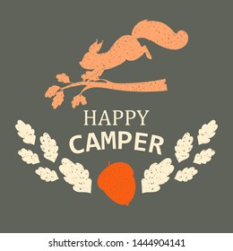 Squirrel happy camper banner vector illustration. Animal jumping on branch of tree silhouette. Autumn acorn with falling leaves. Cute, lovely character in nature. Camping icon.