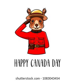 Squirrel. Happy Canada day greeting card. Canadian flag. Squirrel wearing Royal Canadian Mounted Police. Spaniel portrait. Vector illustration.