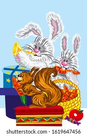 squirrel and hares in winter new year