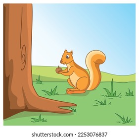 Squirrel having the nut in the bottom of the tree in vector illustration