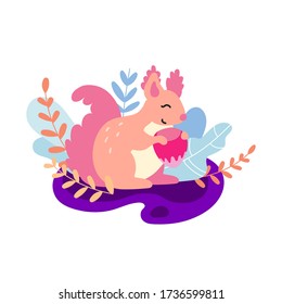 Squirrel with hazelnut. Peach, blue and purple colors. Fairy forest floral design. Great for apparel, t-shirt print, branding, sticker, card, art for business and personal projects