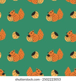 Squirrel and Hazelnut Seamless Pattern. Cute hand drawn childish background with forest animal food and trendy vintage colors. Repeat vector illustration