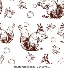 squirrel and hazelnuts , seamless pattern , vector, engraving, white background