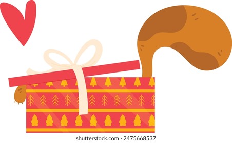 squirrel hidden inside decorative red yellow gift box, large white ribbon heart icon nearby isolated white background. Cute animal hiding within intricately patterned present box festive feel