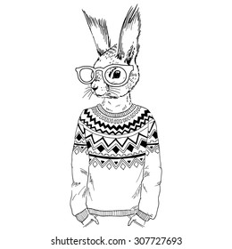 squirrel hipster dressed up in jacquard pullover, furry art illustration