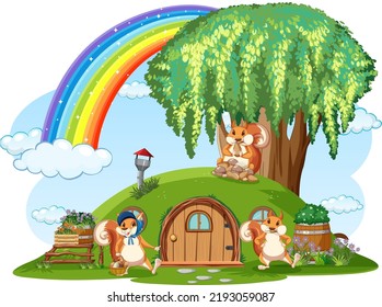 Squirrel at hobbit house on white background illustration