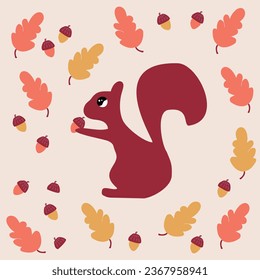 Squirrel holding acorn and oak leaves