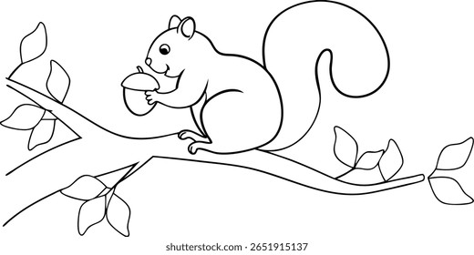 Squirrel holding acorn on a branch with leaves continuous line art tree