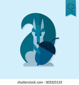 Squirrel Holding Acorn. Single Flat Autumn Icon . Simple and Minimalistic Style. Vector