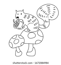 Squirrel holding acorn sitting on mushroom vector illustration cartoon isolated on white background. Squirrel carrying oak nut vector cartoon colorless for coloring book. 