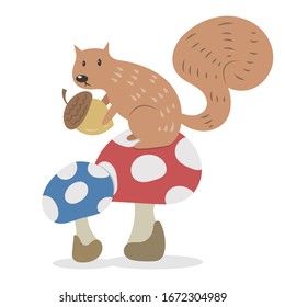 Squirrel holding acorn sitting on mushroom vector illustration cartoon isolated on white background. Squirrel carrying oak nut vector cartoon. 