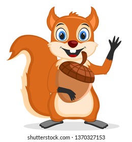 Squirrel holding an acorn and waving his paw on a white. Character.