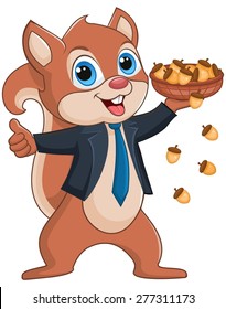 Squirrel holding a basket full of nuts, wearing suit and tie