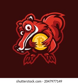 squirrel holding bitcoin mascot logo design illustration vector