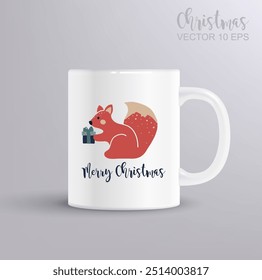 The squirrel is holding a gift. Merry Christmas concept with mug mockup