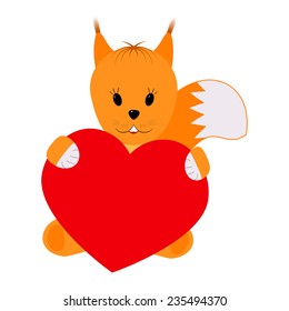 Squirrel holding a heart on a white background