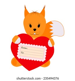 Squirrel holding a heart on a white background